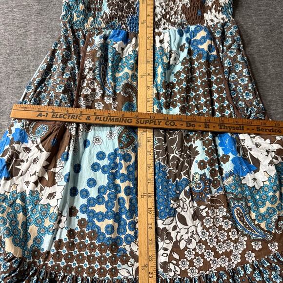 Vtg Y2k TOPSON DOWNS Brown Blue Paisley Boho Strapless Tube Dress Cotton L - Picture 7 of 11